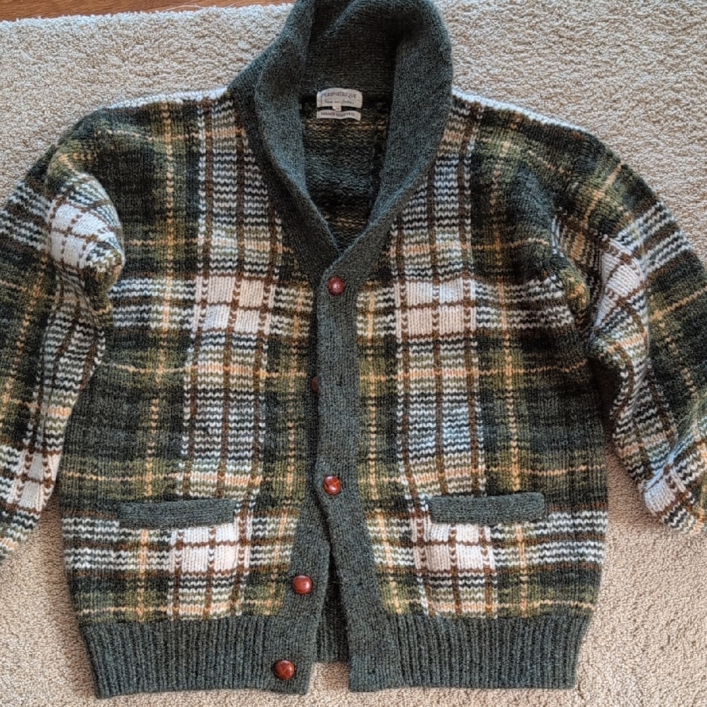 Green Plaid Men's Cardigan Sweater